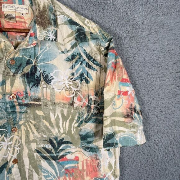 The Territory Ahead Shirt Men's Large Beige Green Blue Floral Button Up Hawaiian - Picture 3 of 8